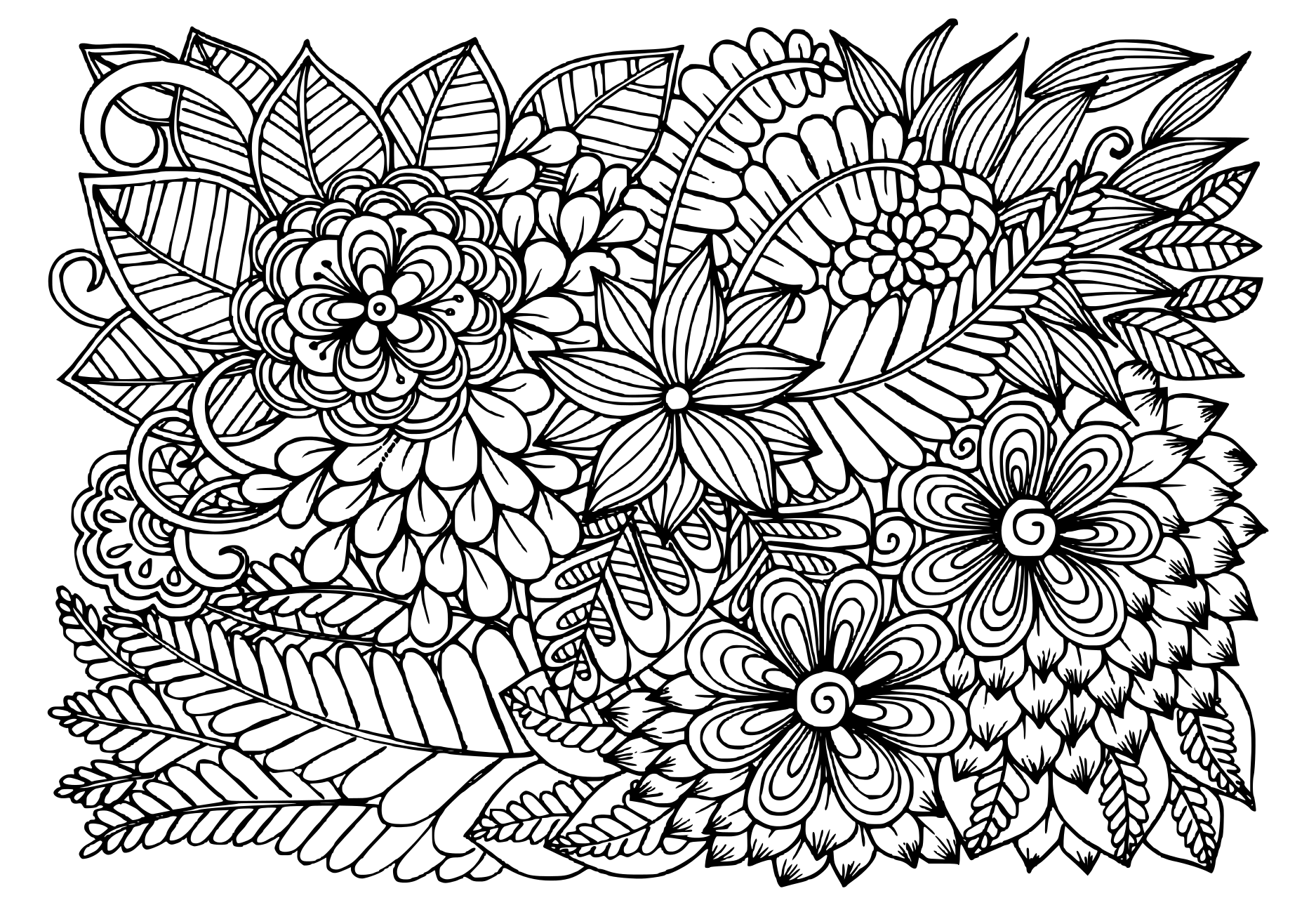 Coloriage Doodle Fleurs En Noir Et Blanc Motif Floral - Adulte à imprimer