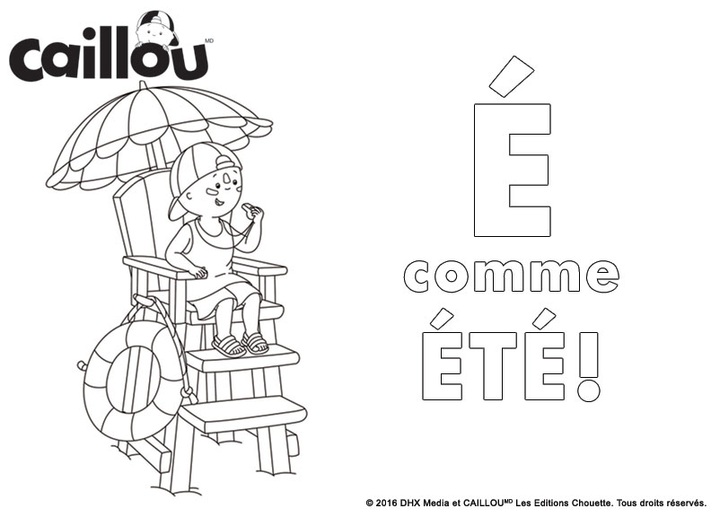 Coloriage E Comme Été Caillou Profite Du Soleil Et De La Plage - Caillou à imprimer
