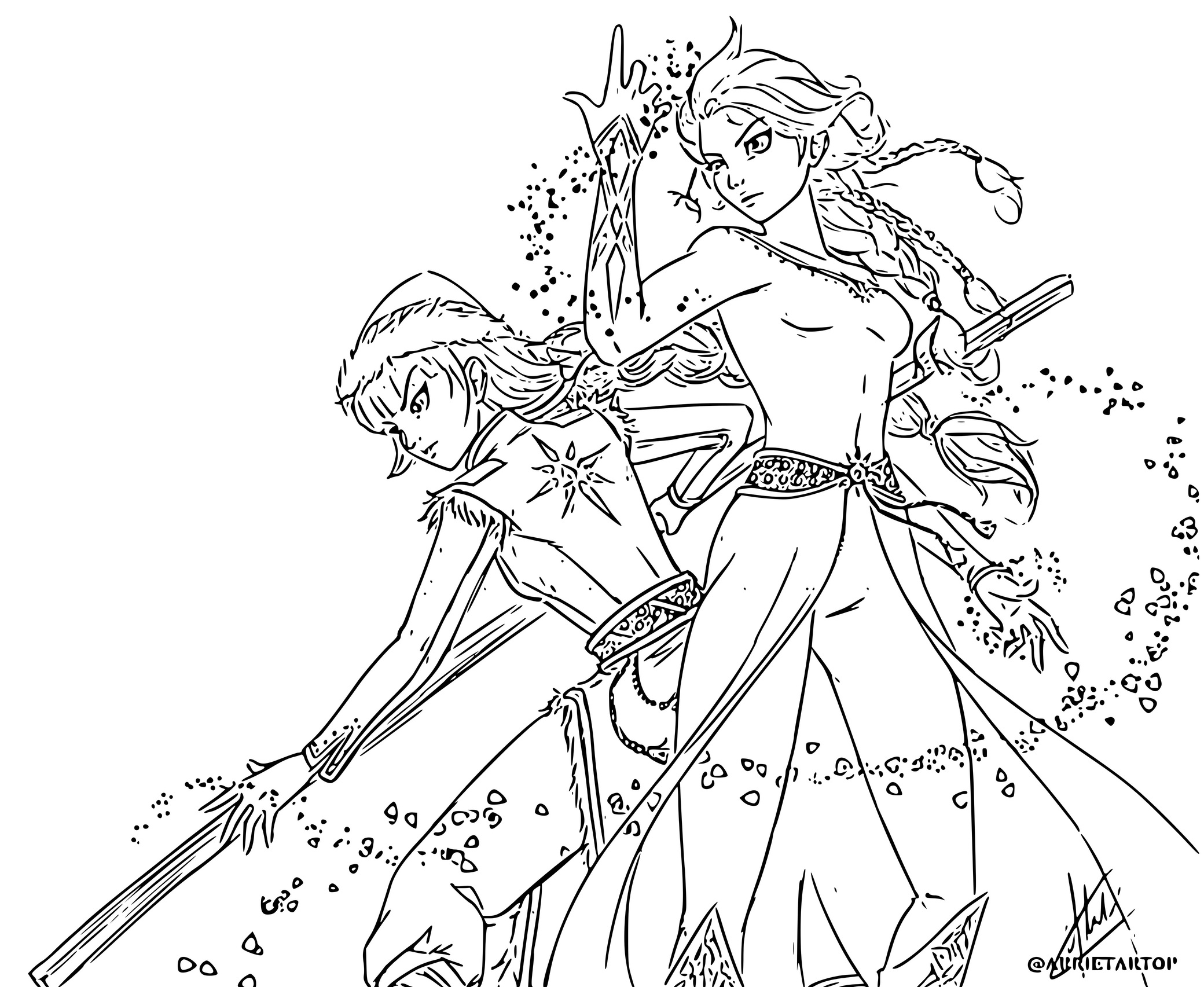 Coloriage Elsa Et Anna Defendent Le Royaume D'Arendelle Avec Les Pouvoirs De Elsa - La Reine des neiges 2 à imprimer