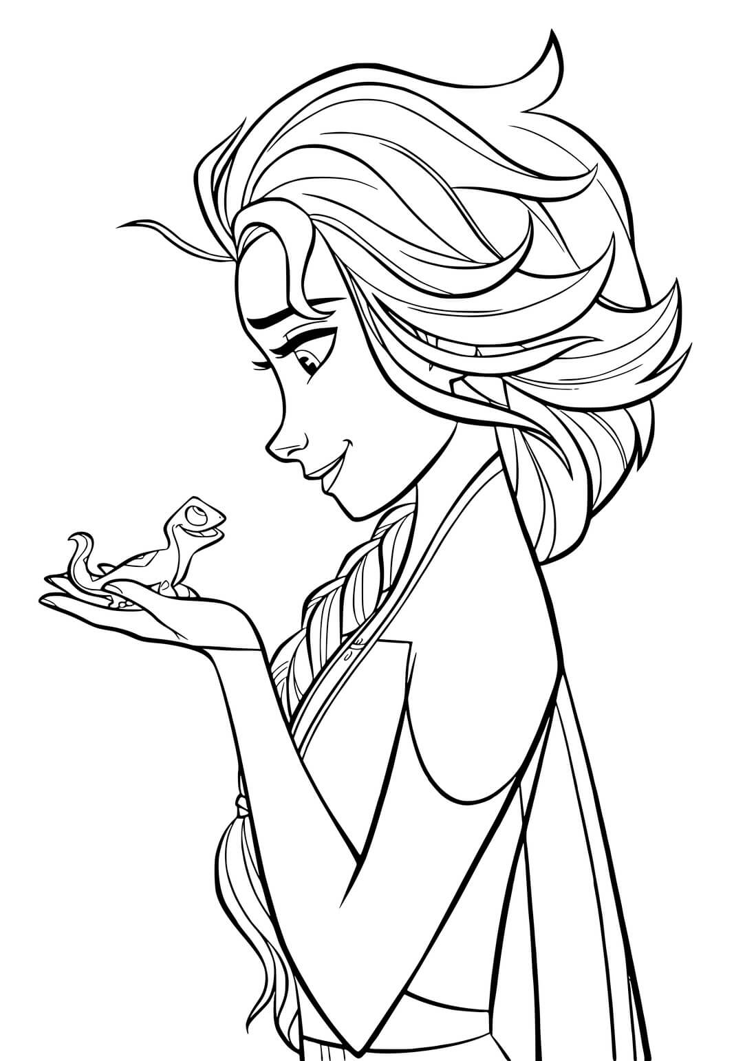 Coloriage Elsa reine avec Bruni le lézard magique - La Reine des neiges 2 à imprimer