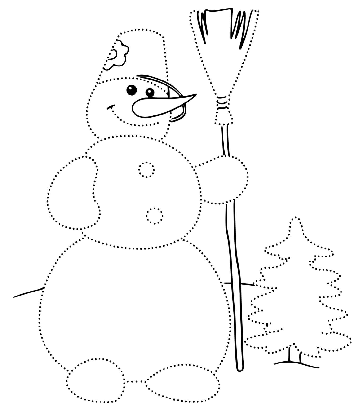 Coloriage Encerclez Le Contour Puis Colorez Le Bonhomme De Neige - Hiver à imprimer