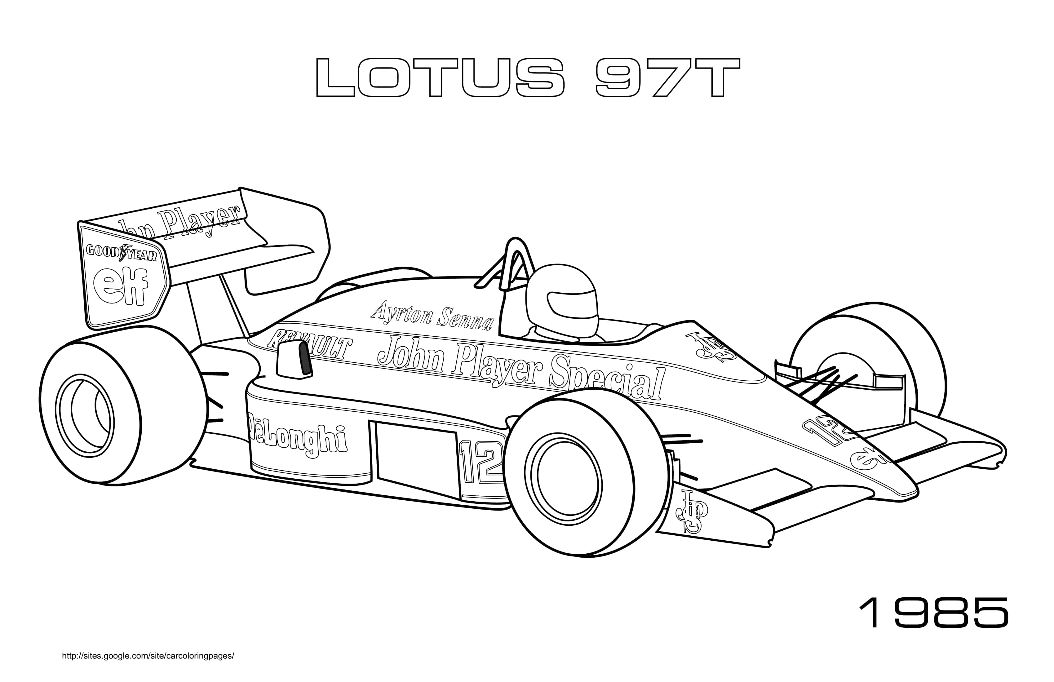Coloriage Lotus 97T rouge de formule 1 1985 - Voiture à imprimer