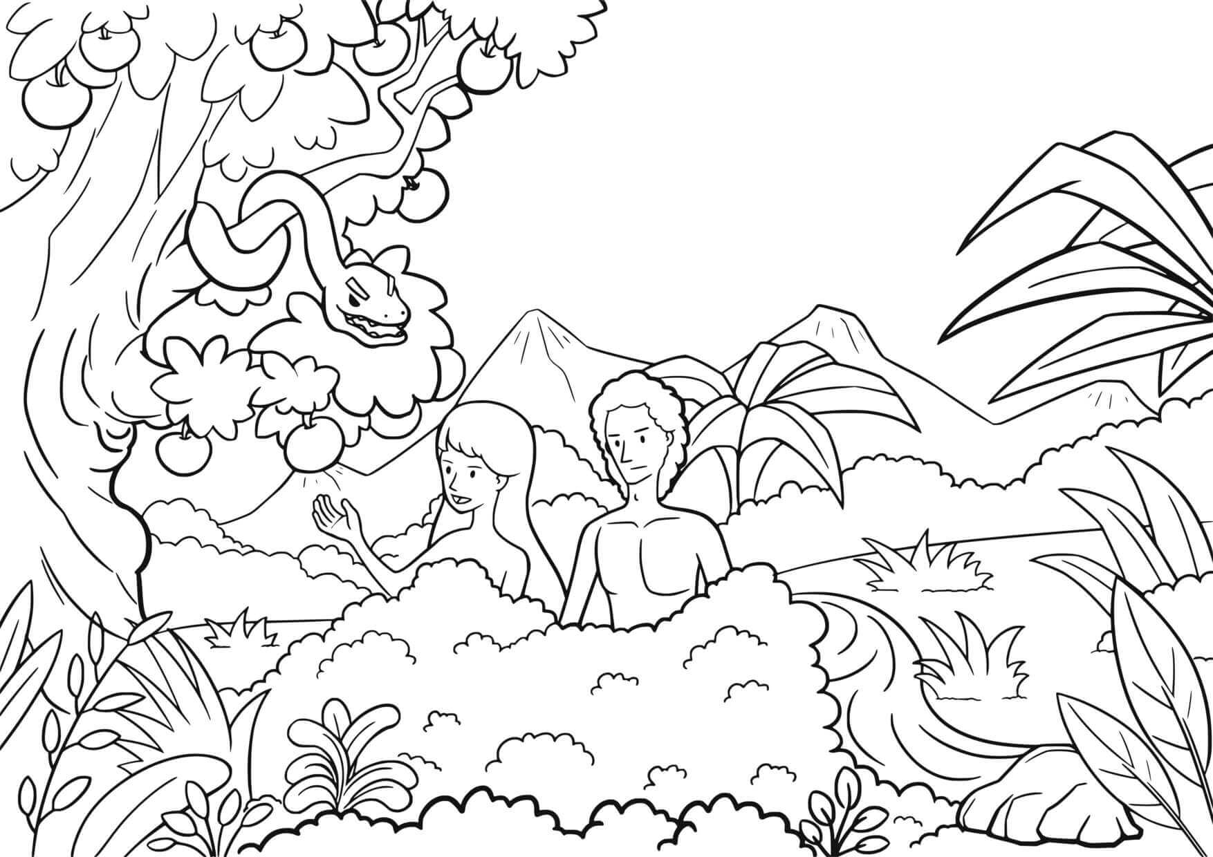 Coloriage Adam et Ève au Jardin d'Éden - Genèse - Jésus à imprimer