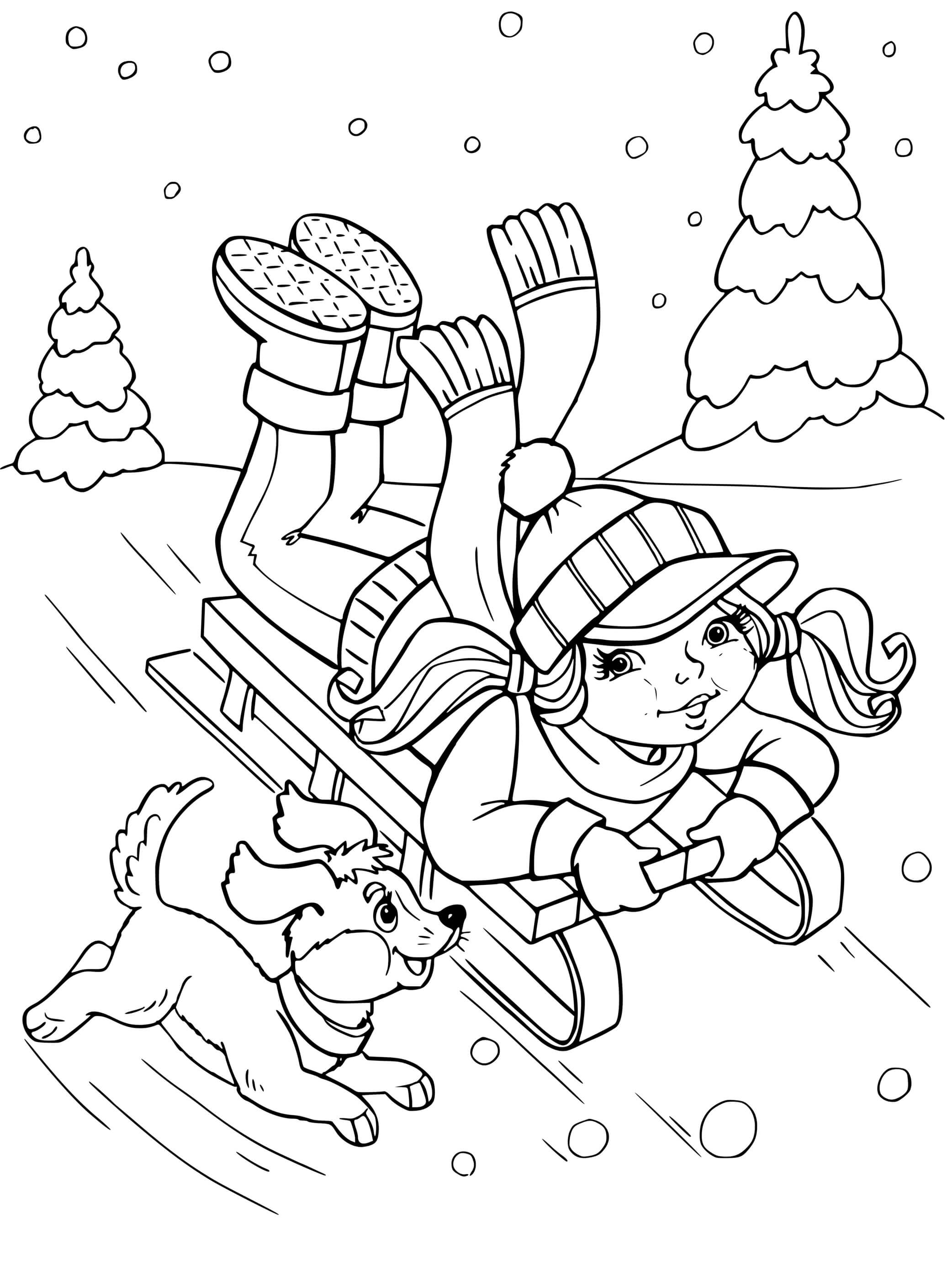 Coloriage Fille Avec Un Chiot En Traîneau - Hiver à imprimer