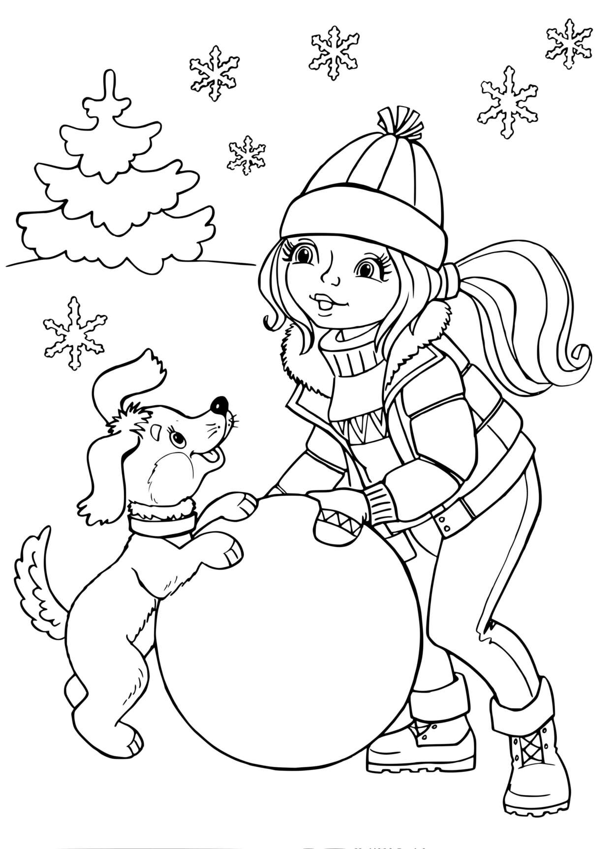 Coloriage Fille Avec Un Chiot Sculpte Un Grand Globe De Neige - Hiver à imprimer
