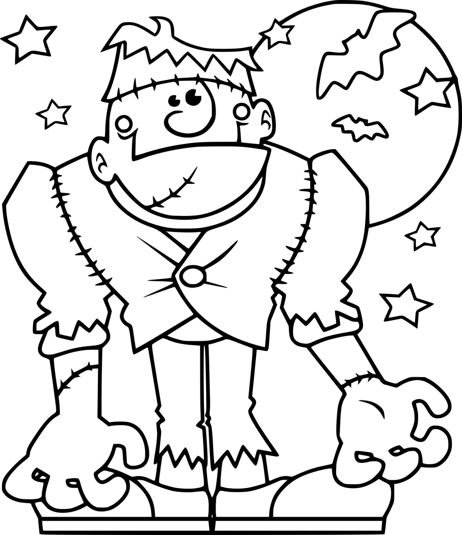Coloriage Frankenstein Devant La Lune Et Les Chauves Souris - Frankenstein à imprimer