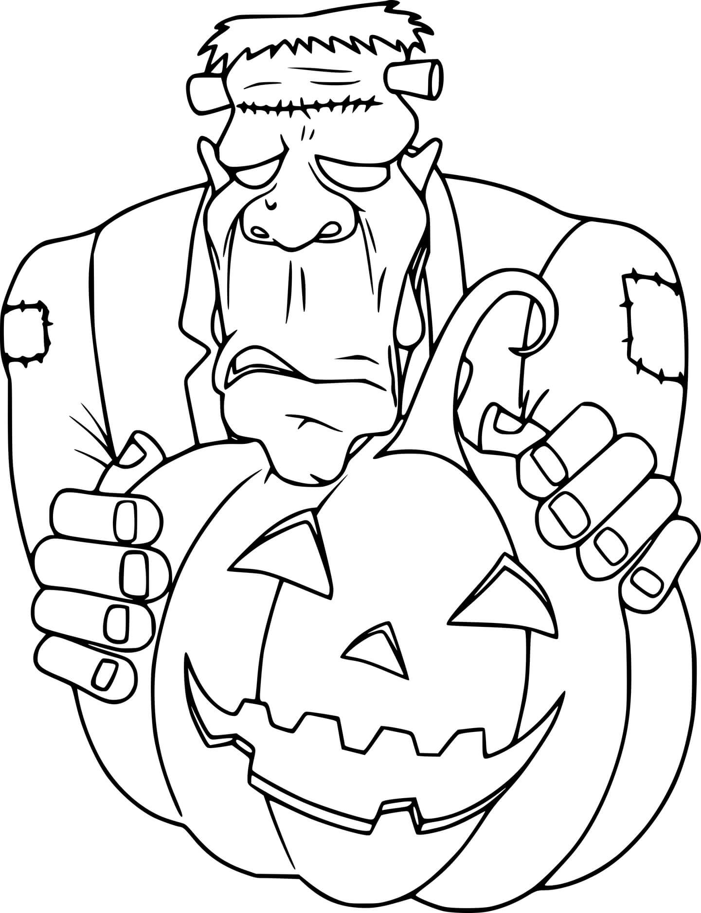 Coloriage Frankenstein Se Cache Derrière Une Citrouille Halloween - Frankenstein à imprimer