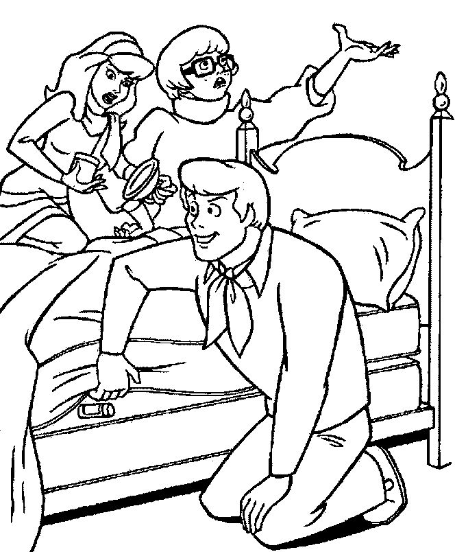 Coloriage Fred Trouve Indice Sous Le Matelas Du Lit - Scooby doo à imprimer