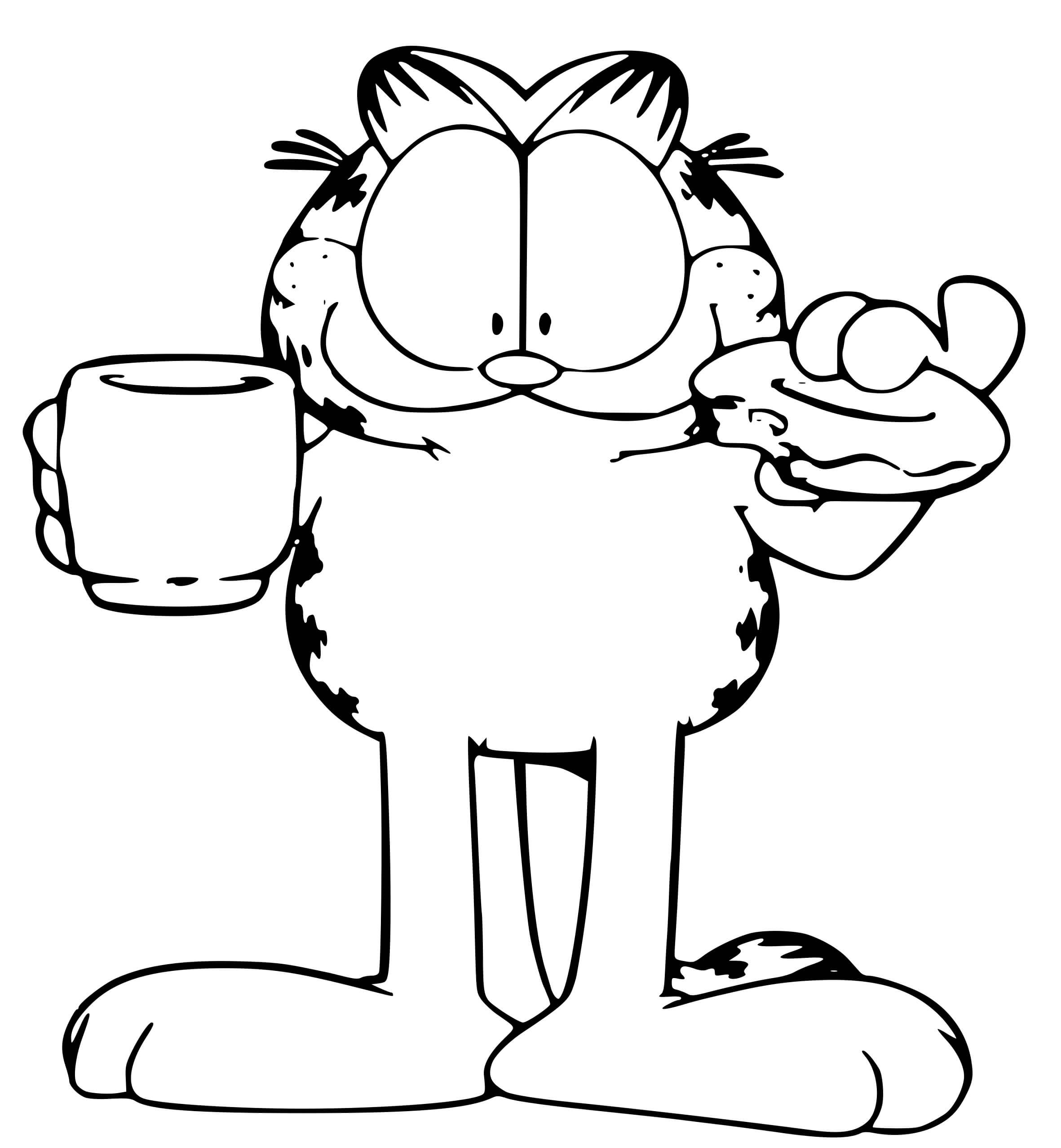 Coloriage Garfield Boit Un Café Et Un Beigne - Garfield à imprimer