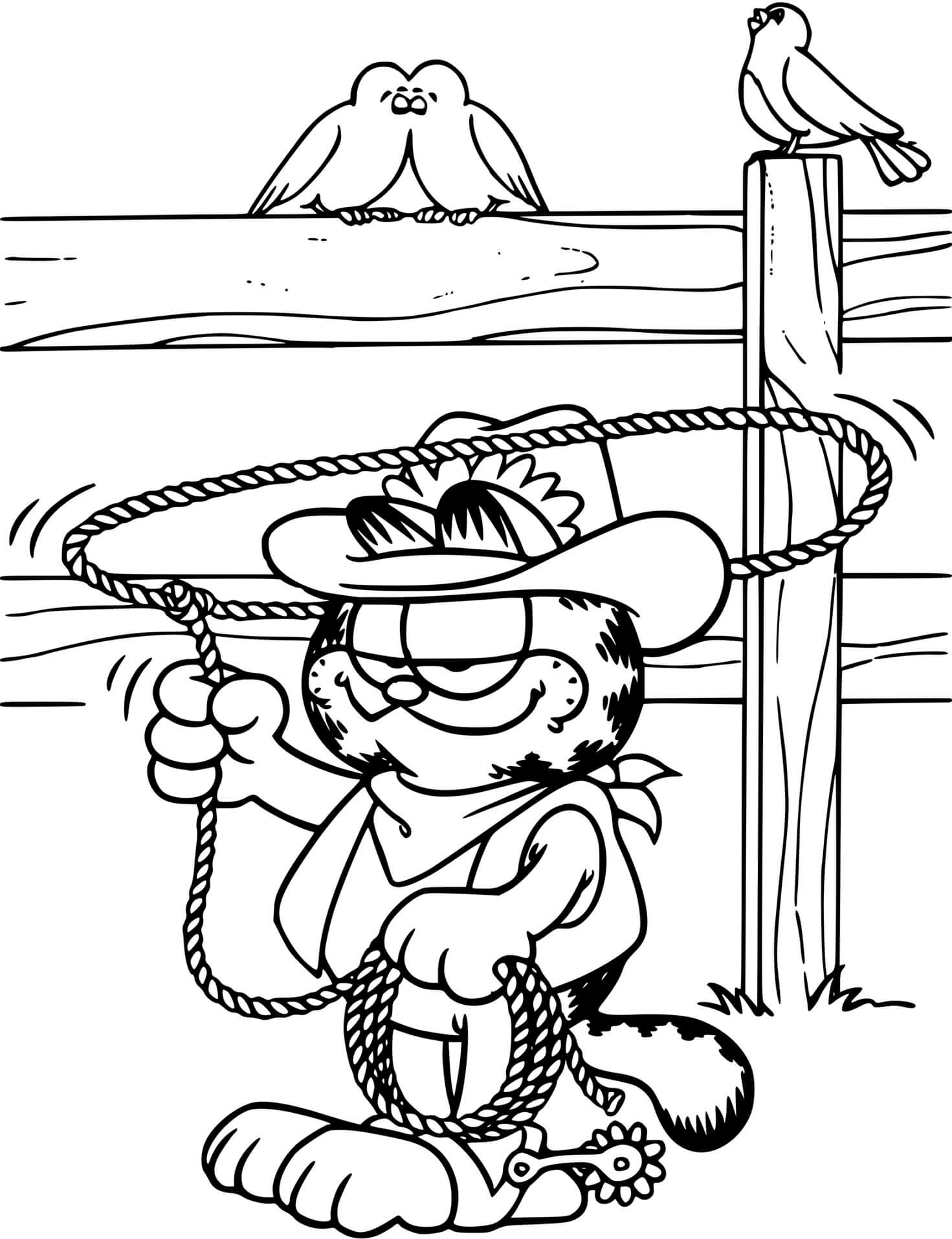 Coloriage Garfield En Cowboy Avec Son Lasso - Garfield à imprimer