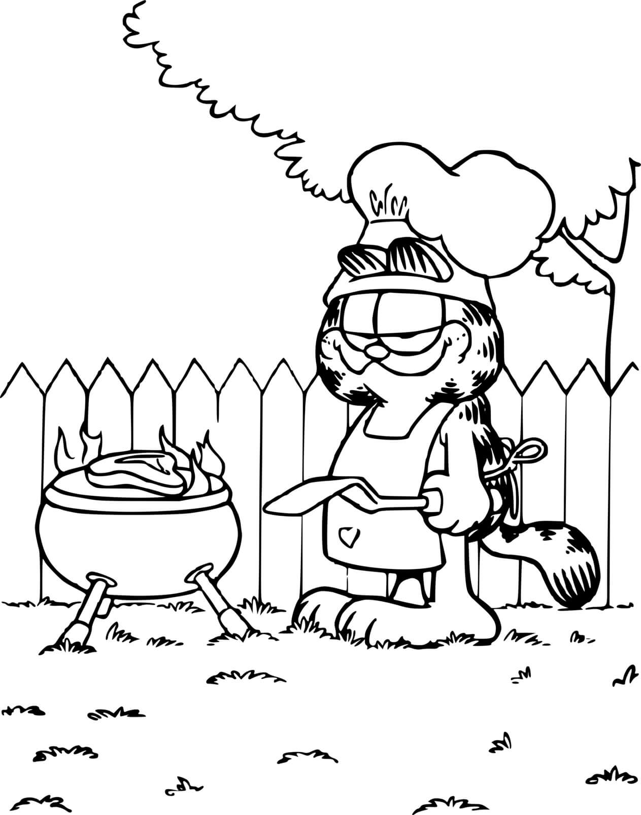 Coloriage Garfield Fait Un Barbecue - Garfield à imprimer