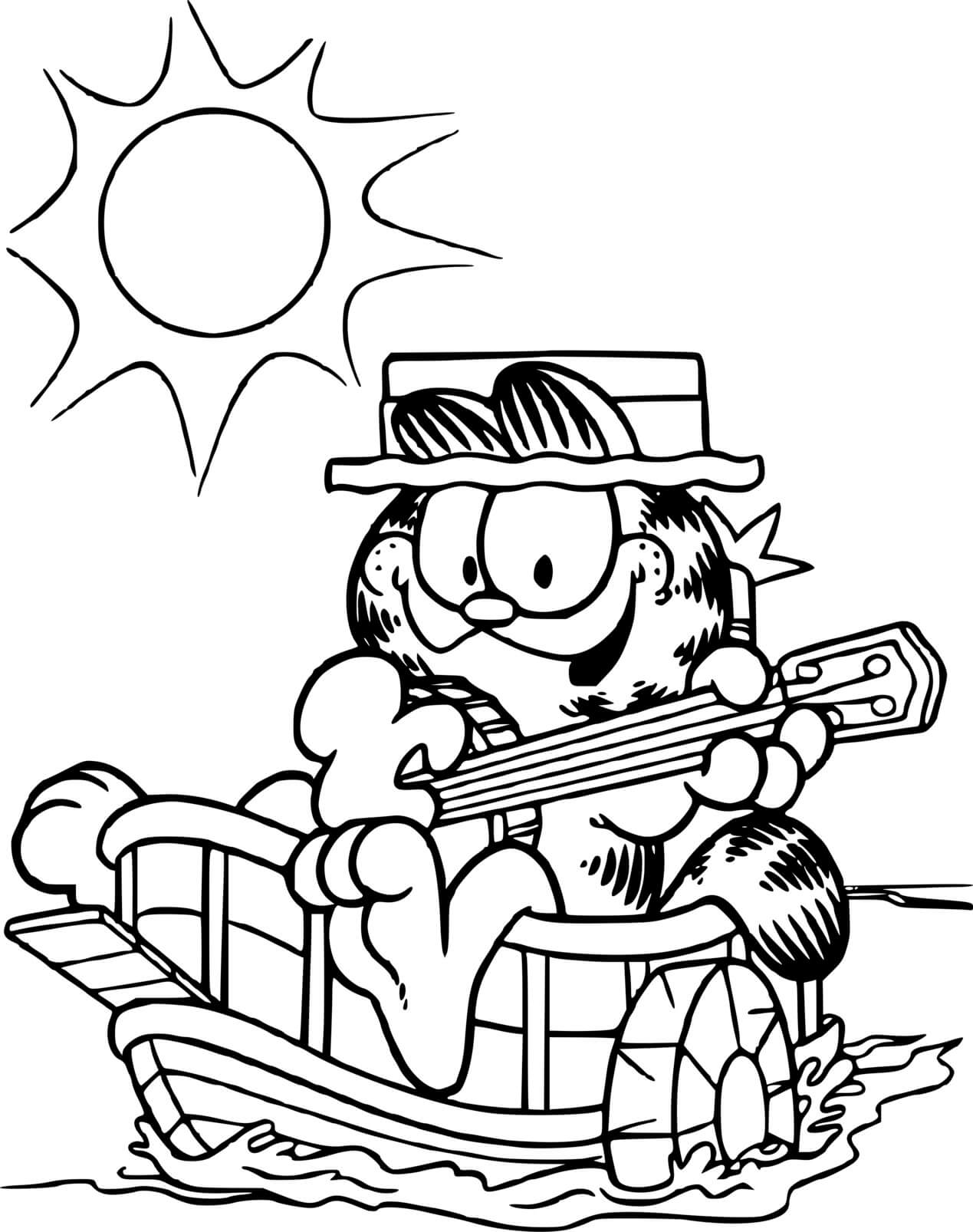 Coloriage Garfield Joue De La Guitare Sur Son Bateau - Garfield à imprimer