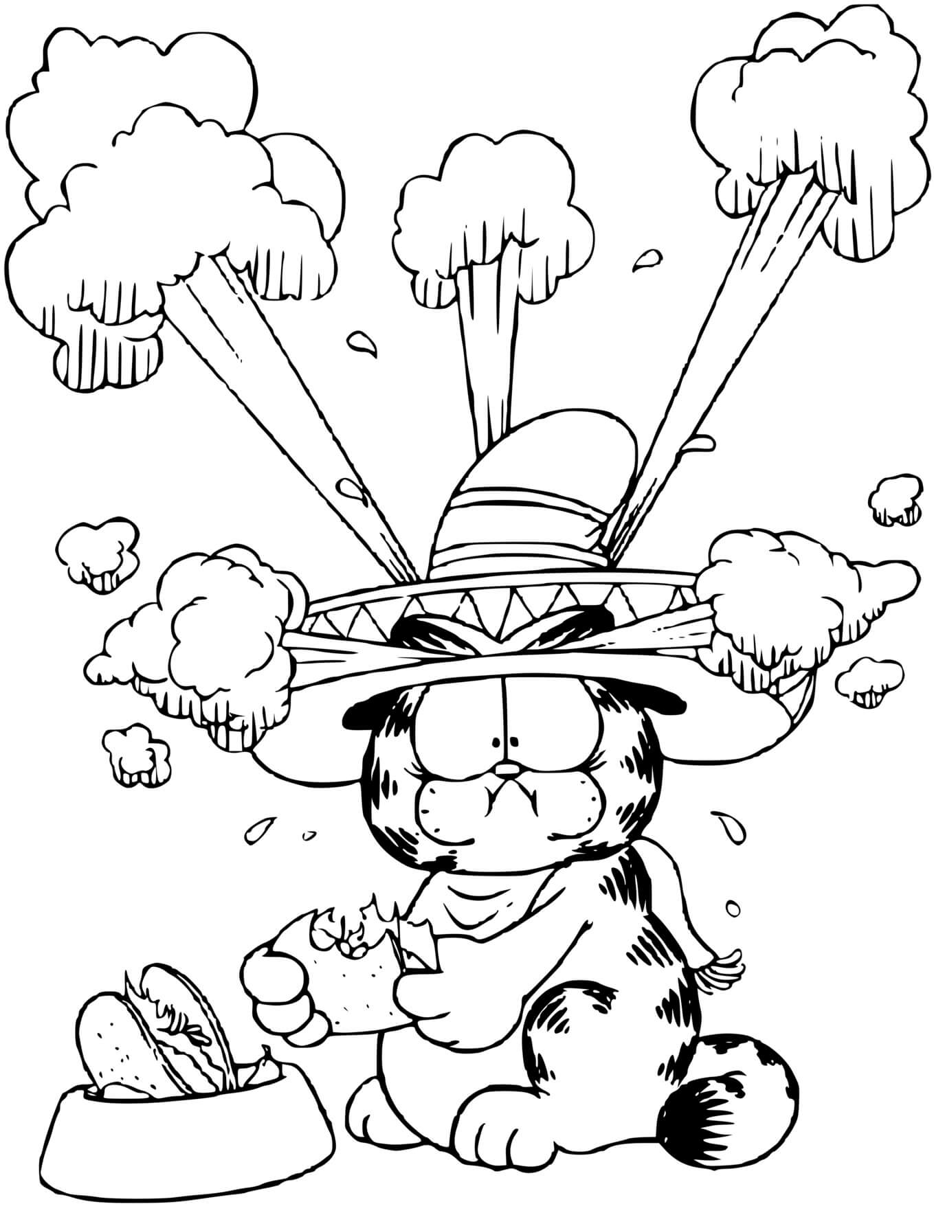 Coloriage Garfield Mange Des Hamburger Au Piment - Garfield à imprimer