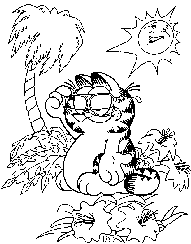 Coloriage Garfield Sous Un Palmier Avec Le Soleil - Palmier à imprimer
