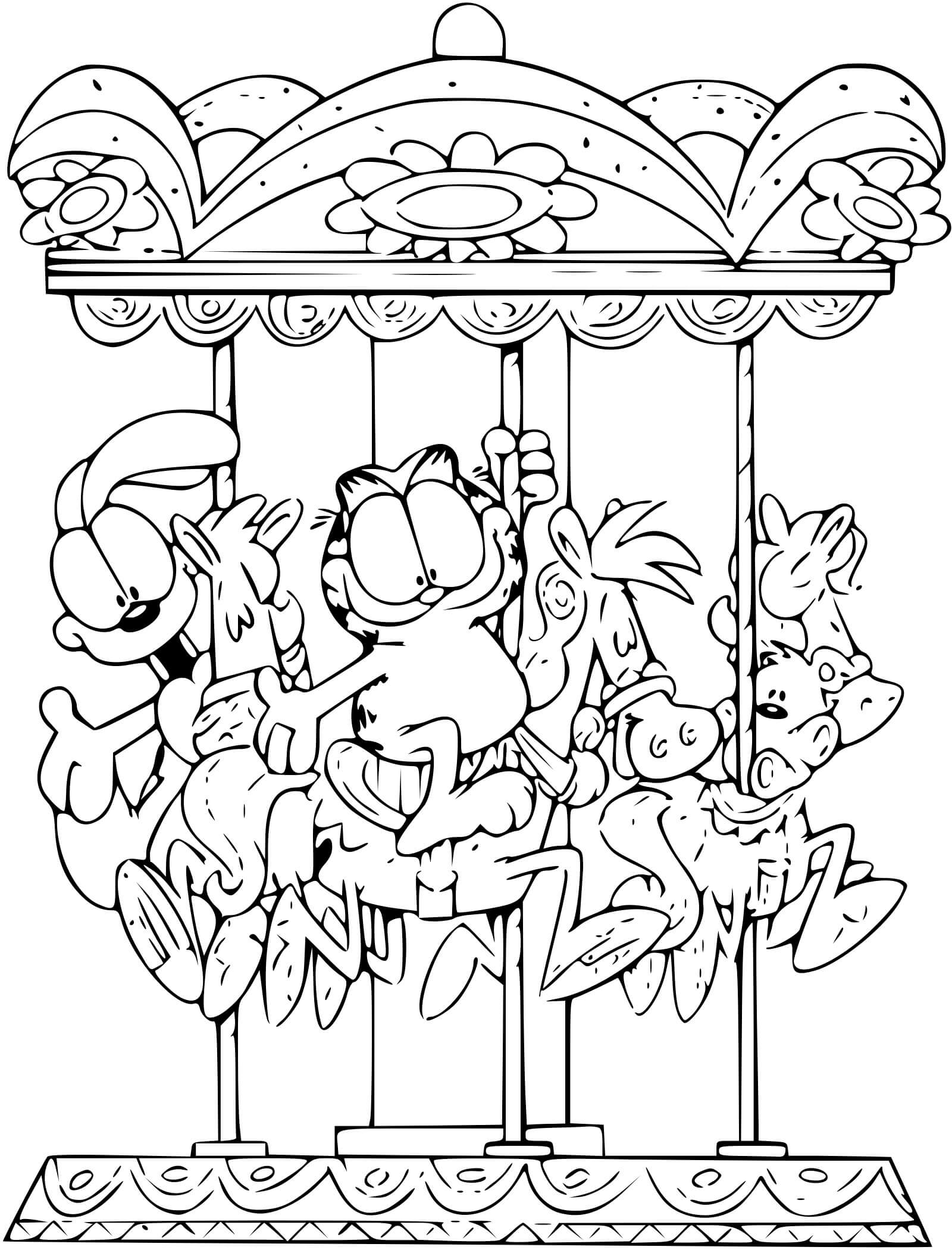 Coloriage Garfield Sur Le Cheval D'Un Manege - Garfield à imprimer