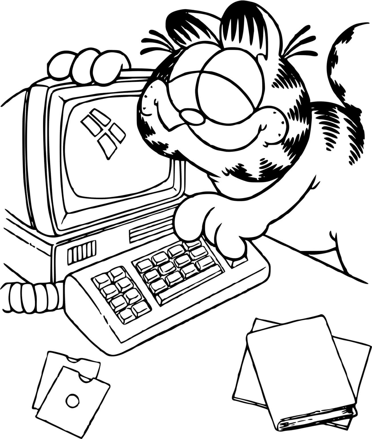 Coloriage Garfield Utilise Son Ordinateur - Garfield à imprimer
