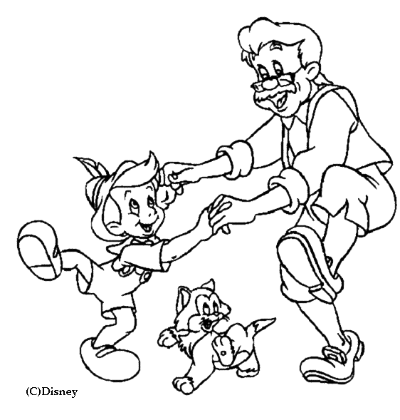 Coloriage Geppetto Danse Avec Pinocchio - Pinocchio à imprimer