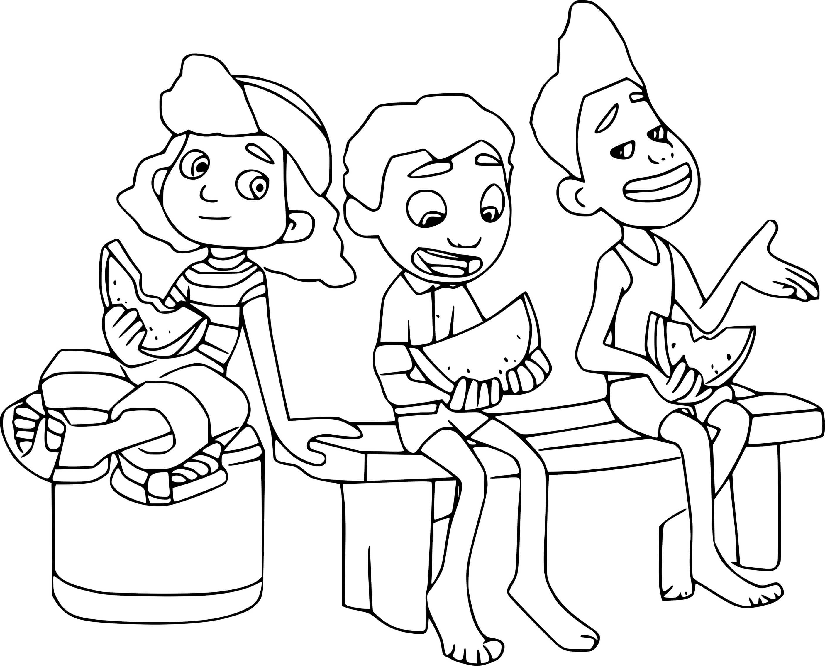 Coloriage Giulia, Luca et Alberto mangent la pastèque - Luca de Disney Pixar à imprimer
