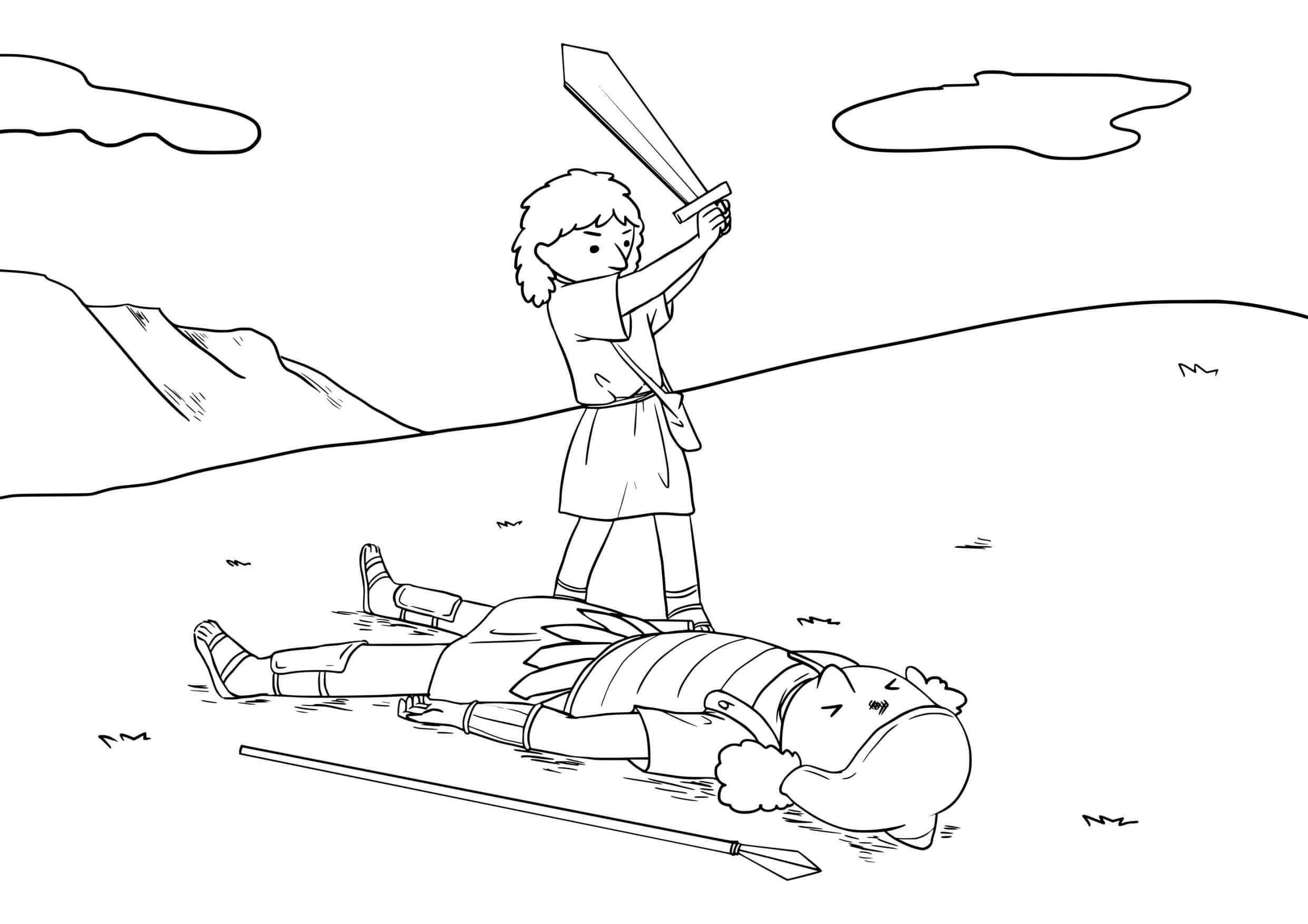 Coloriage Goliath le géant face au jeune David - Jésus à imprimer