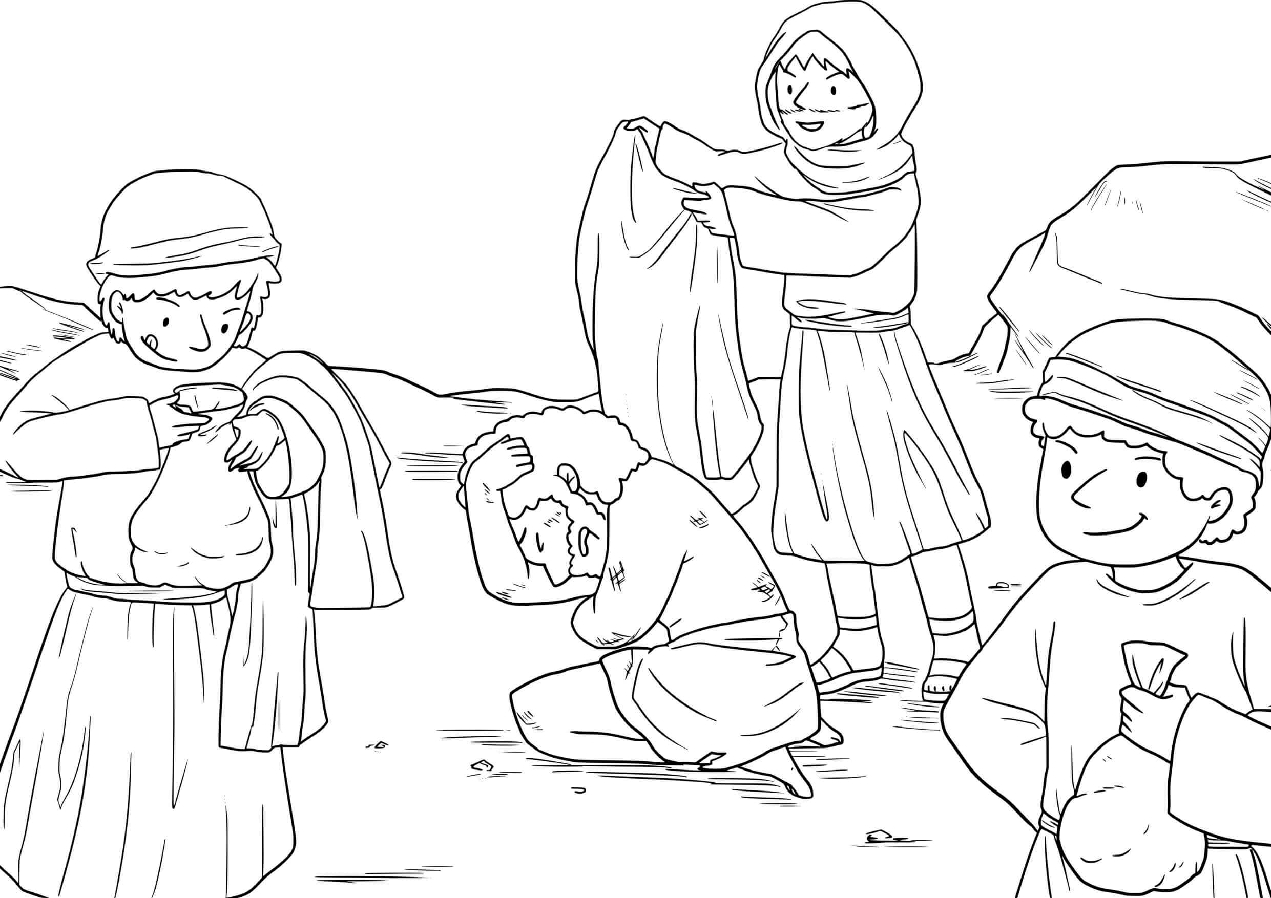 Coloriage Scène du Bon Samaritain sur la route - Jésus à imprimer