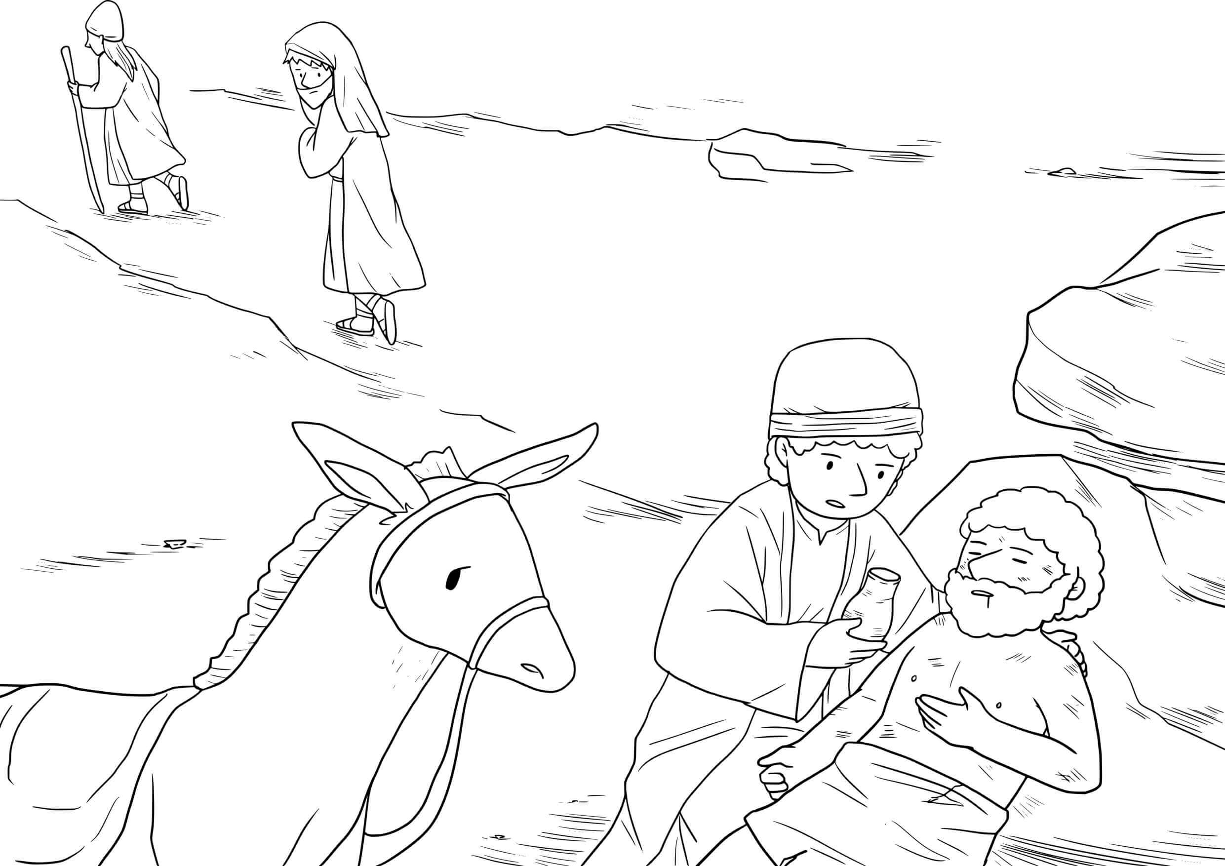 Coloriage Parabole du Bon Samaritain et charité - Jésus à imprimer