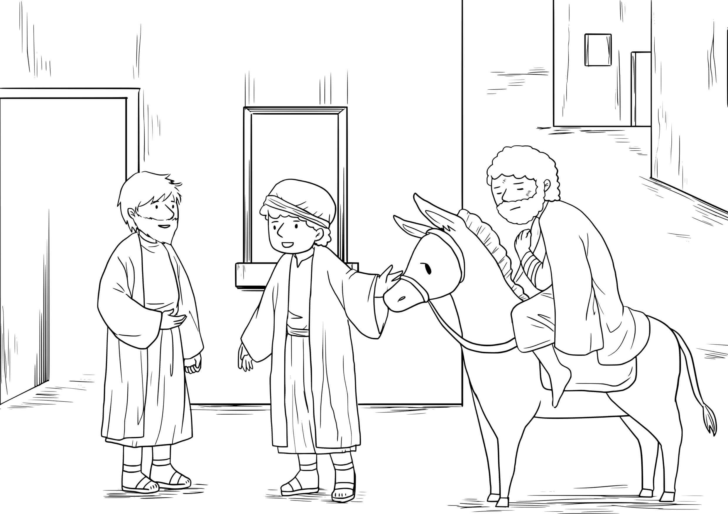 Coloriage Le Bon Samaritain scène biblique Luc - Jésus à imprimer