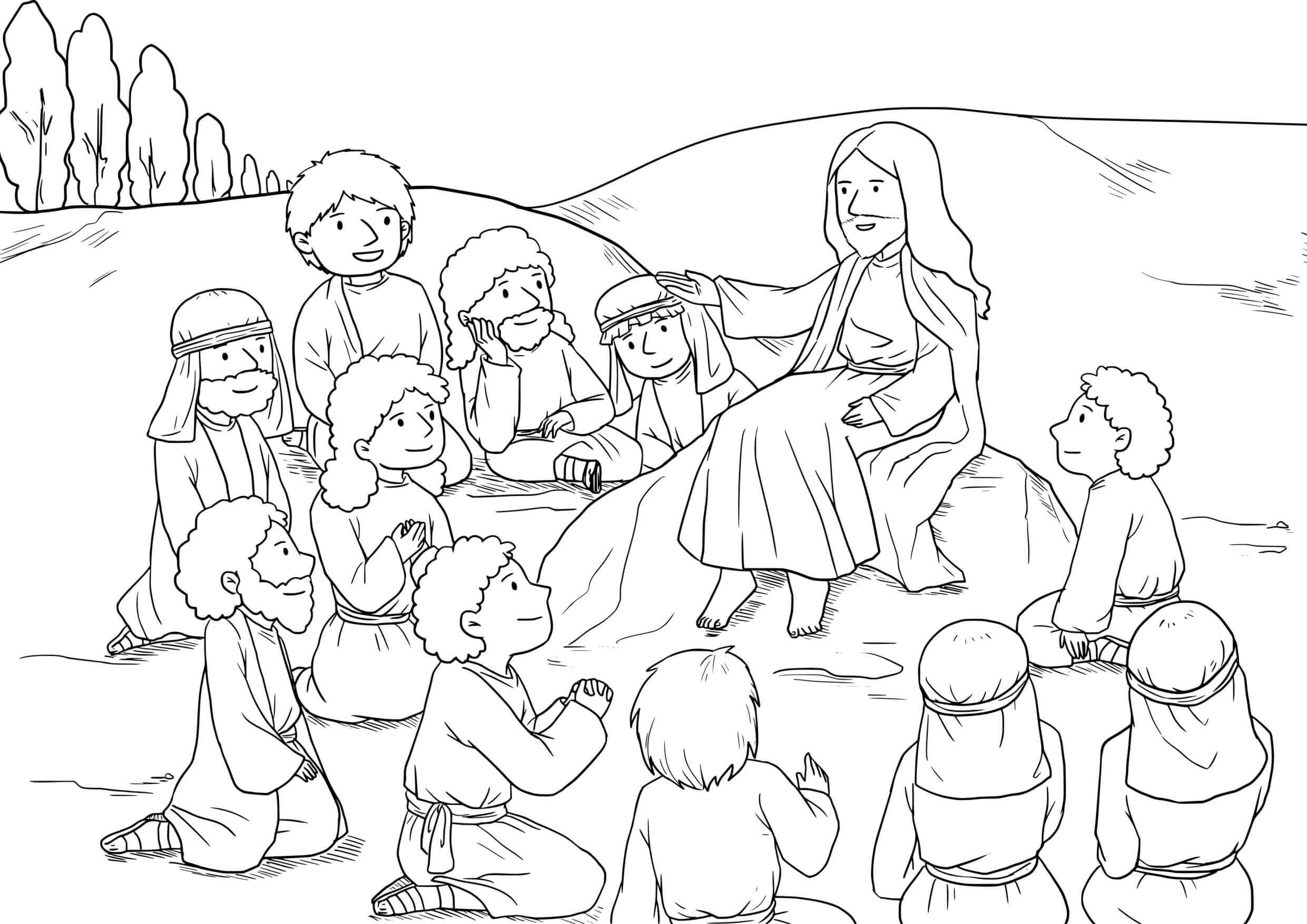 Coloriage Jésus enseignant ses apôtrès sur la montagne - Jésus à imprimer