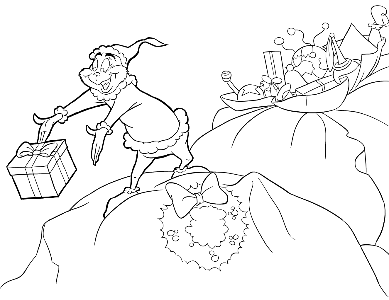 Coloriage Grinch Donne Les Cadeaux Aux Enfants - Grinch à imprimer