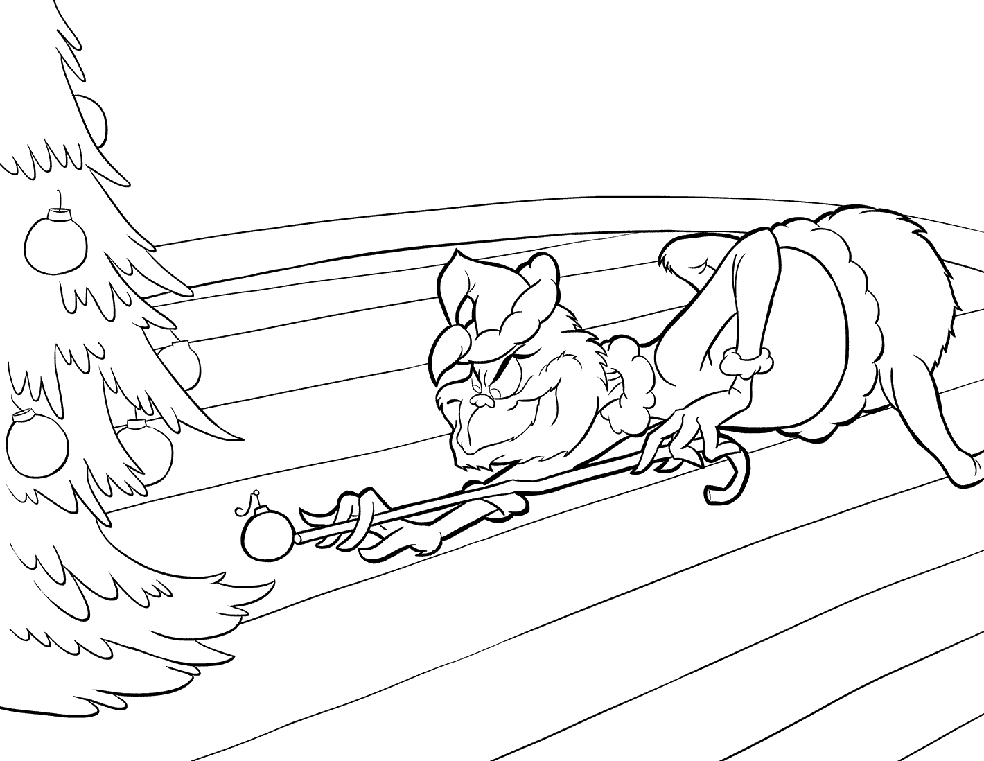 Coloriage Grinch Joue Au Billard Avec Une Boule De Noël Sous Le Sapin - Grinch à imprimer