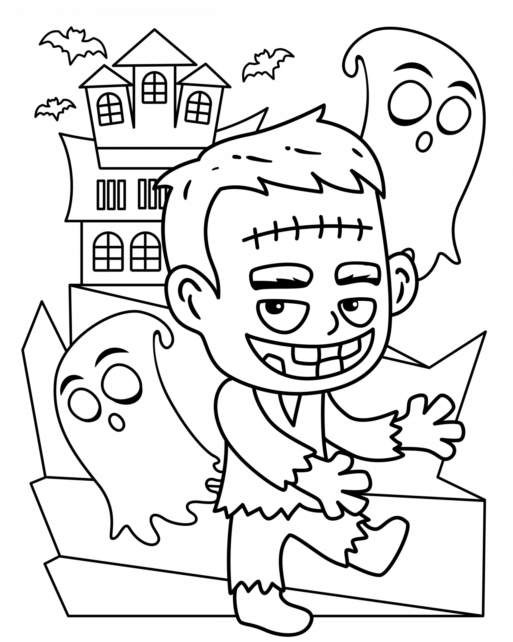 Coloriage Halloween Frankenstein Et Les Fantômes - Halloween à imprimer