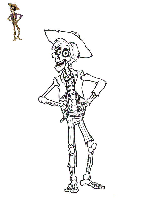 Coloriage Hector Squelette Masculin Mince Cheveux Et Barbichette Noirs Yeux Magenta - Coco Disney à imprimer
