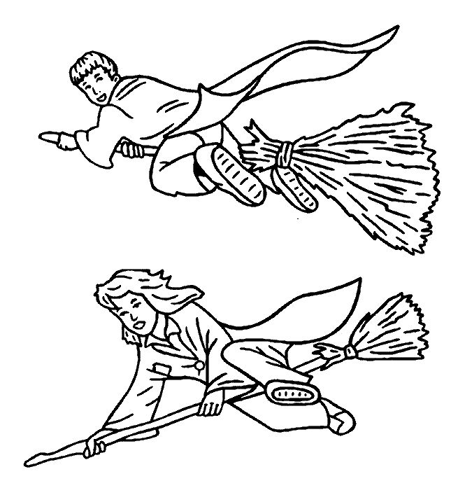 Coloriage Hermione Et Ron Sur Leurs Balai Magique - Harry potter à imprimer