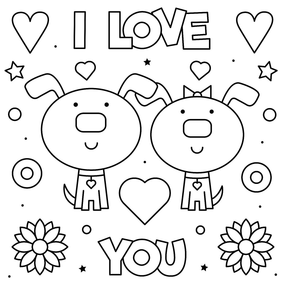 Coloriage I Love You Je Taime Deux Chiens Adorable - Saint-Valentin à imprimer
