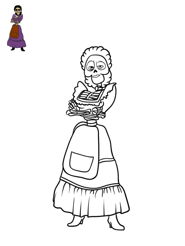 Coloriage Imelda Rivera Squelette Feminin Cheveux Noirs Avec Une Bande Blanche - Coco Disney à imprimer