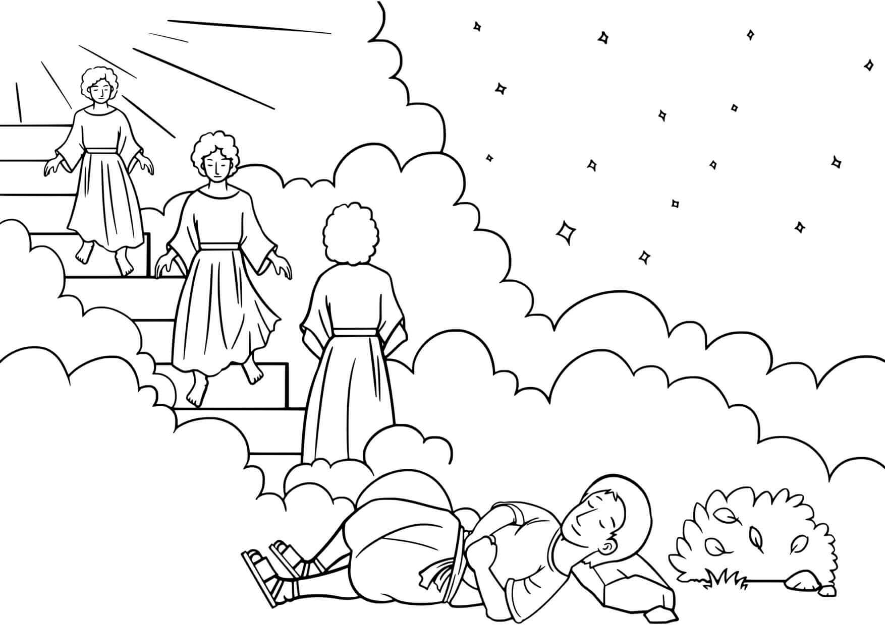 Coloriage L'échelle de Jacob avec les anges et Dieu - Jésus à imprimer