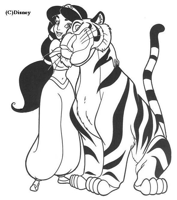 Coloriage Jasmine Et Son Tigre - Aladdin à imprimer