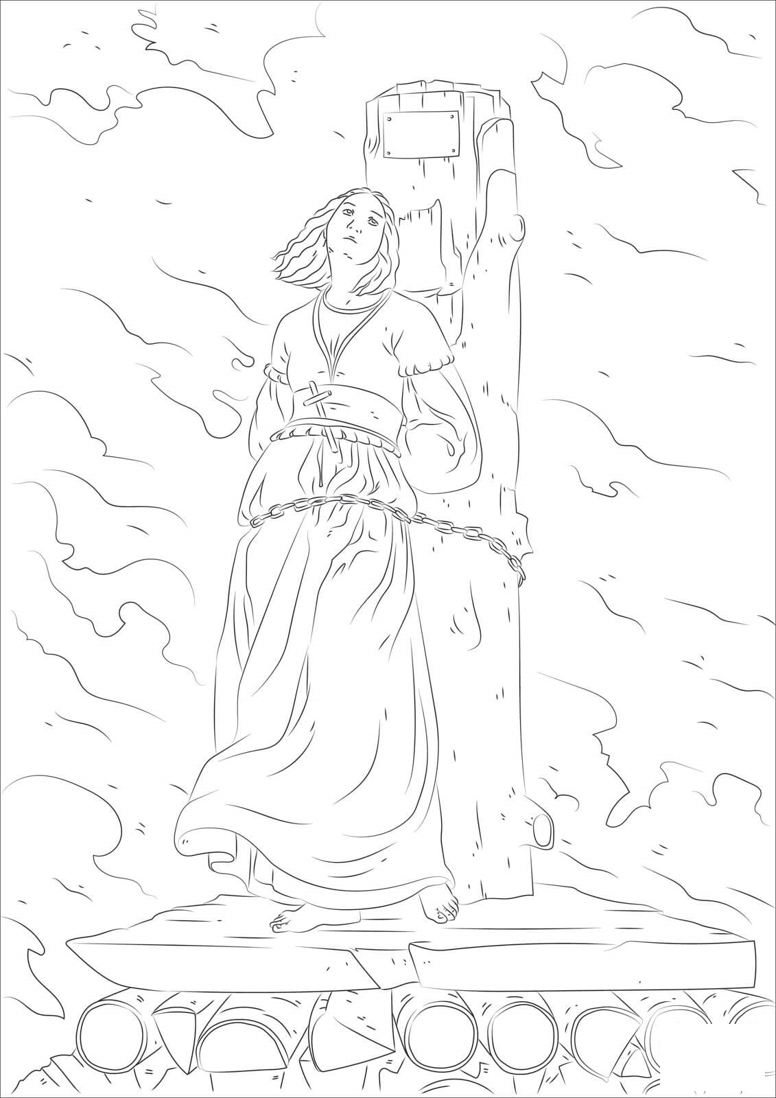 Coloriage Jeanne D'Arc Brulant Sur Le Pieu - France à imprimer