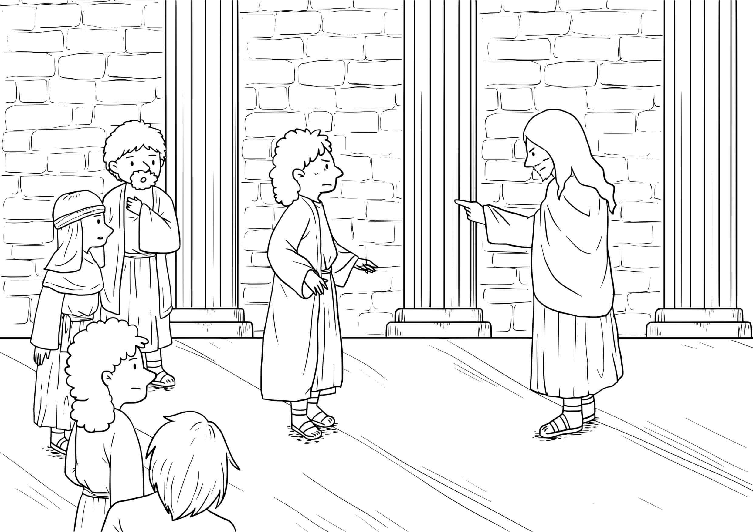 Coloriage Jésus chassant les démons à la synagogue - Jésus à imprimer