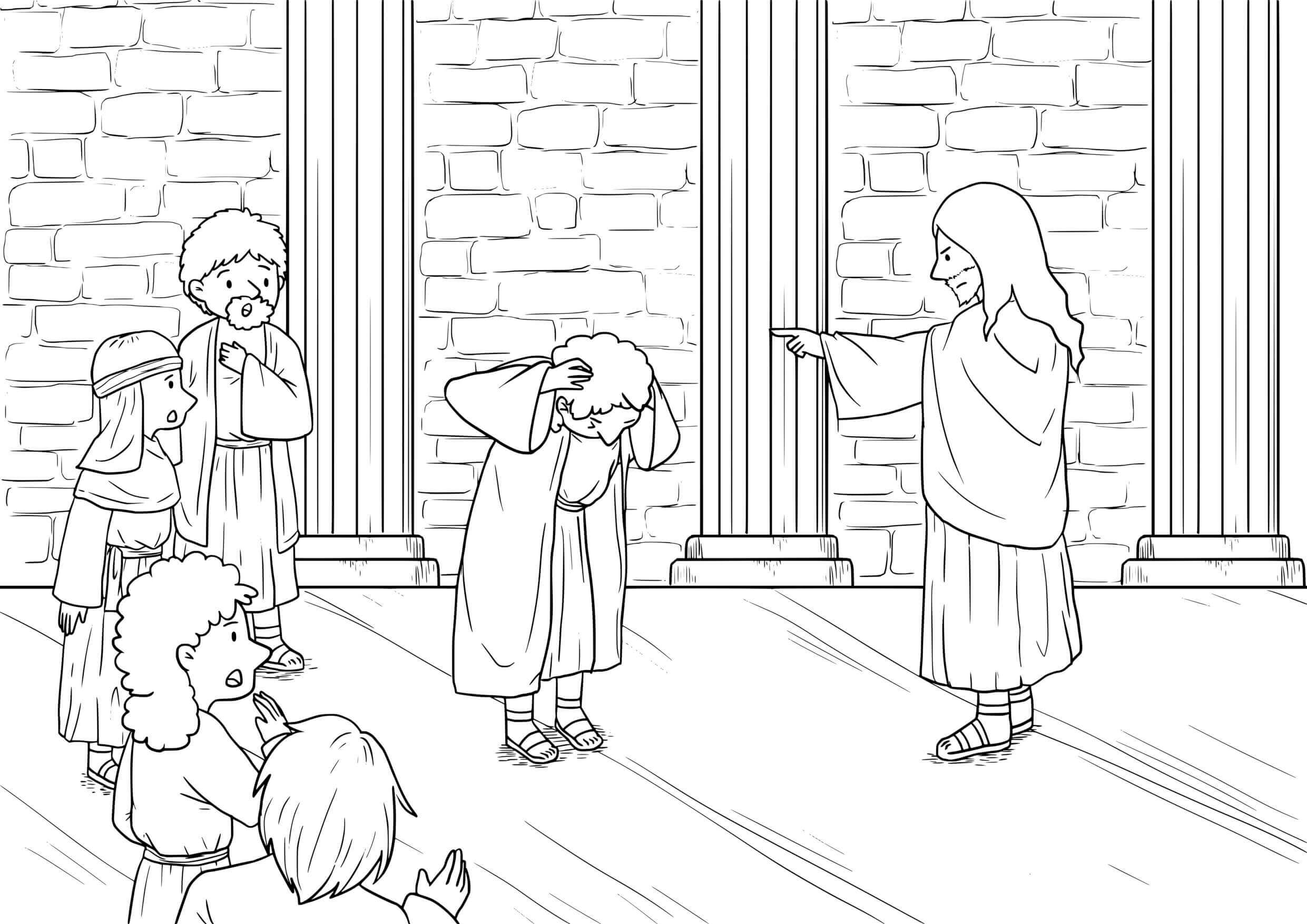 Coloriage Jésus exorcisant un démoniaque à la synagogue - Jésus à imprimer