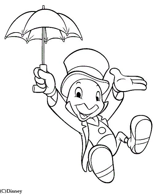 Coloriage Jiminy Cricket Avec Son Parapluie - Pinocchio à imprimer