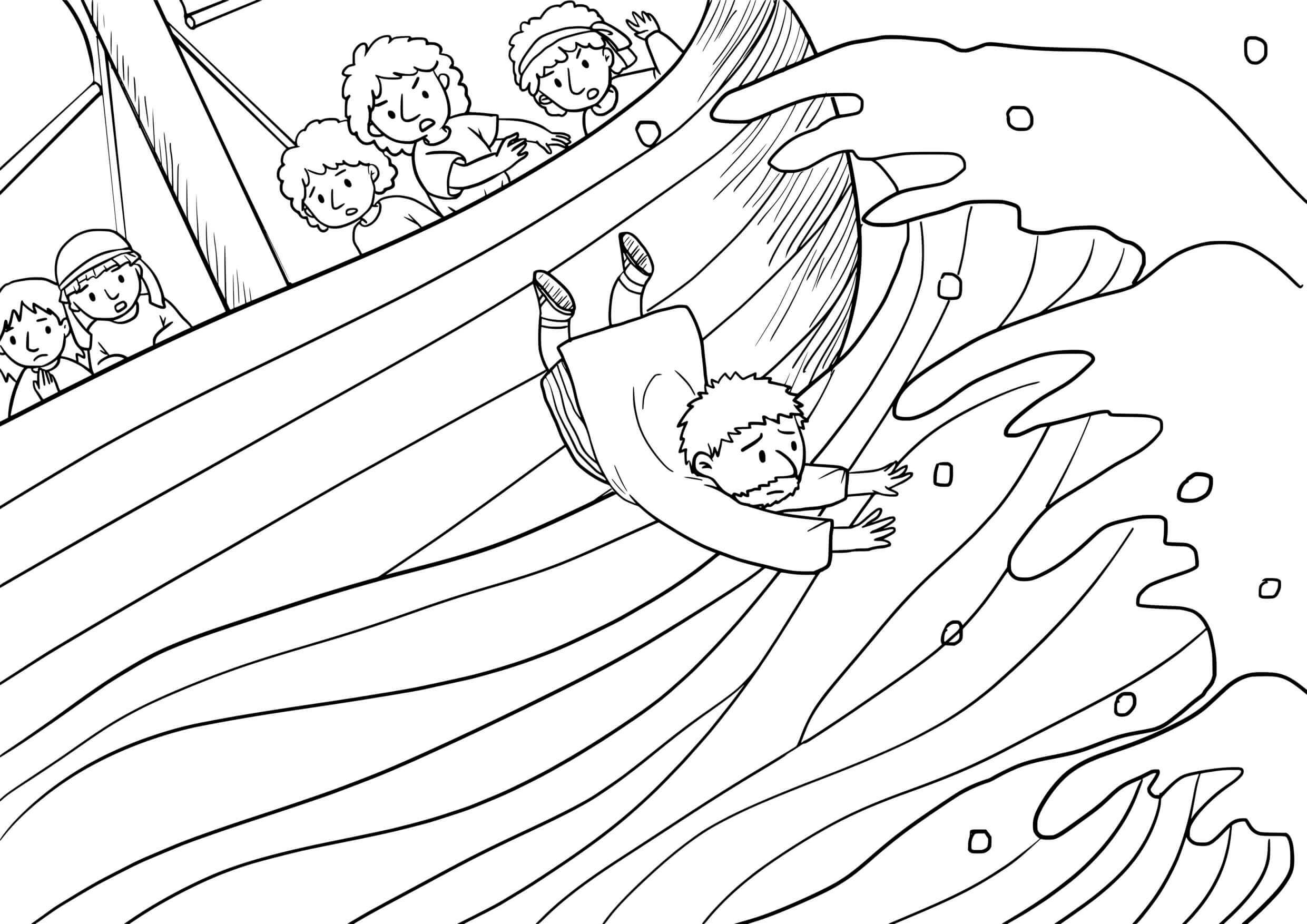Coloriage Jonas au port embarquant un navire - Jésus à imprimer