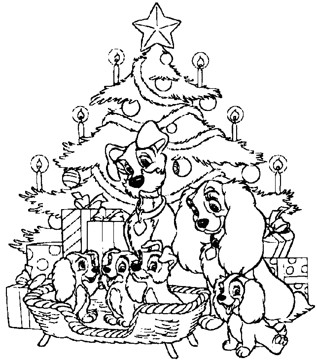 Coloriage La Belle Et Le Clochard Et Leurs Petits Chiots Devant Le Sapin De Noël - Sapin Noël à imprimer