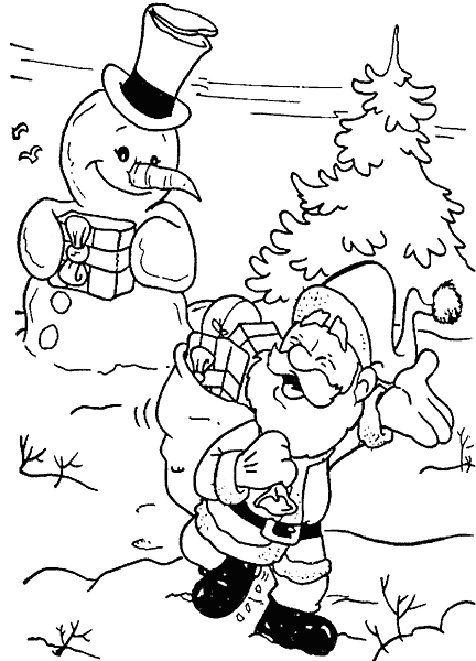 Coloriage Le Père Noël Devant Un Sapin Et Un Bonhomme De Neige - Père Noël à imprimer