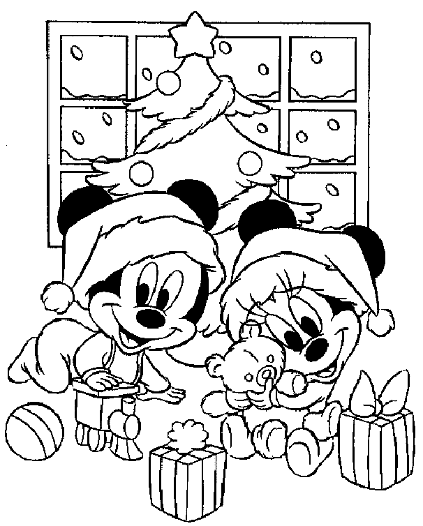 Coloriage Les Enfant De Mickey Et Minnie Jouent Avec Leurs Cadeaux De Noël Devant Le Sapin - Sapin Noël à imprimer
