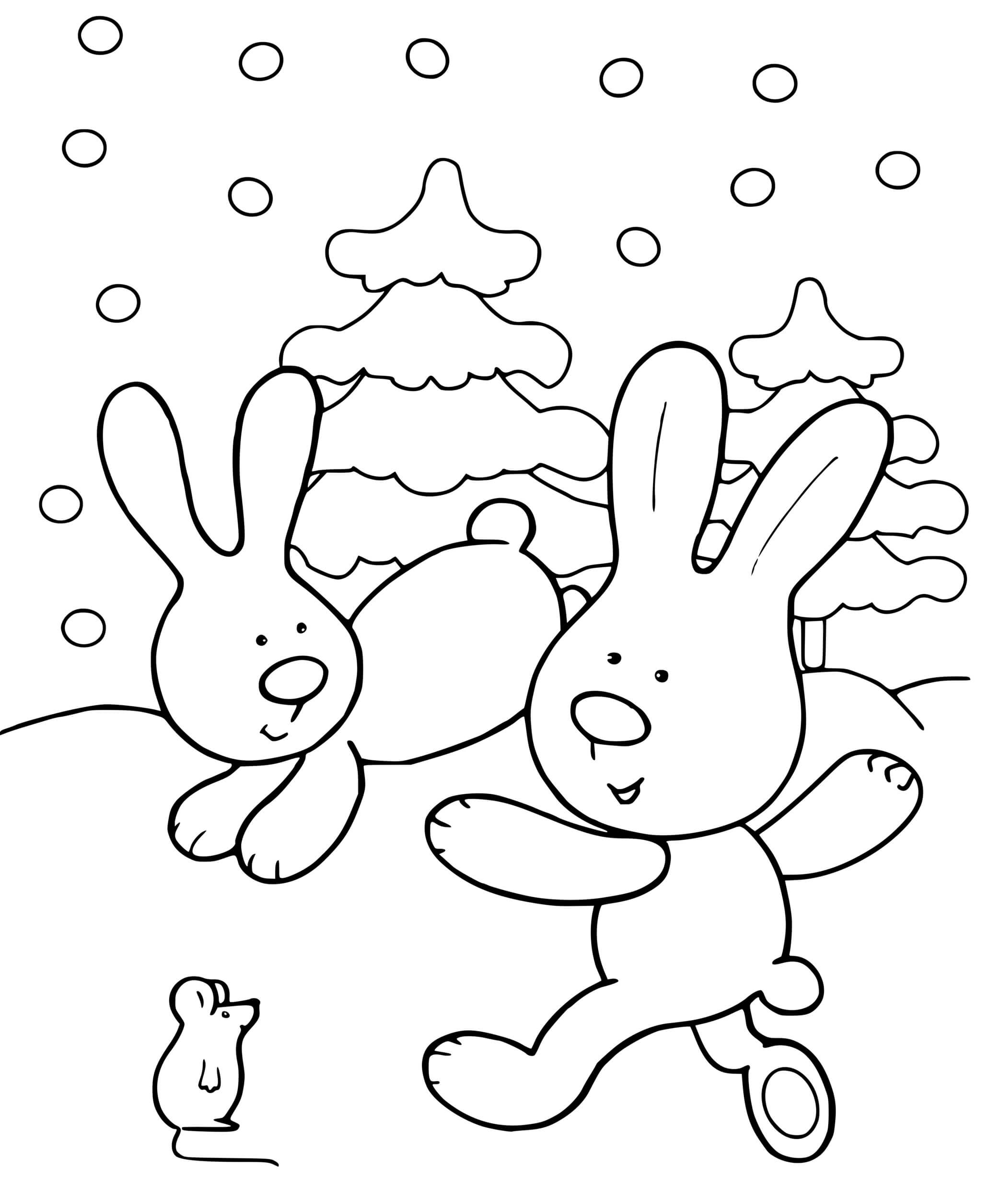 Coloriage Les Lievres Se Rejouissent En Hiver - Hiver à imprimer
