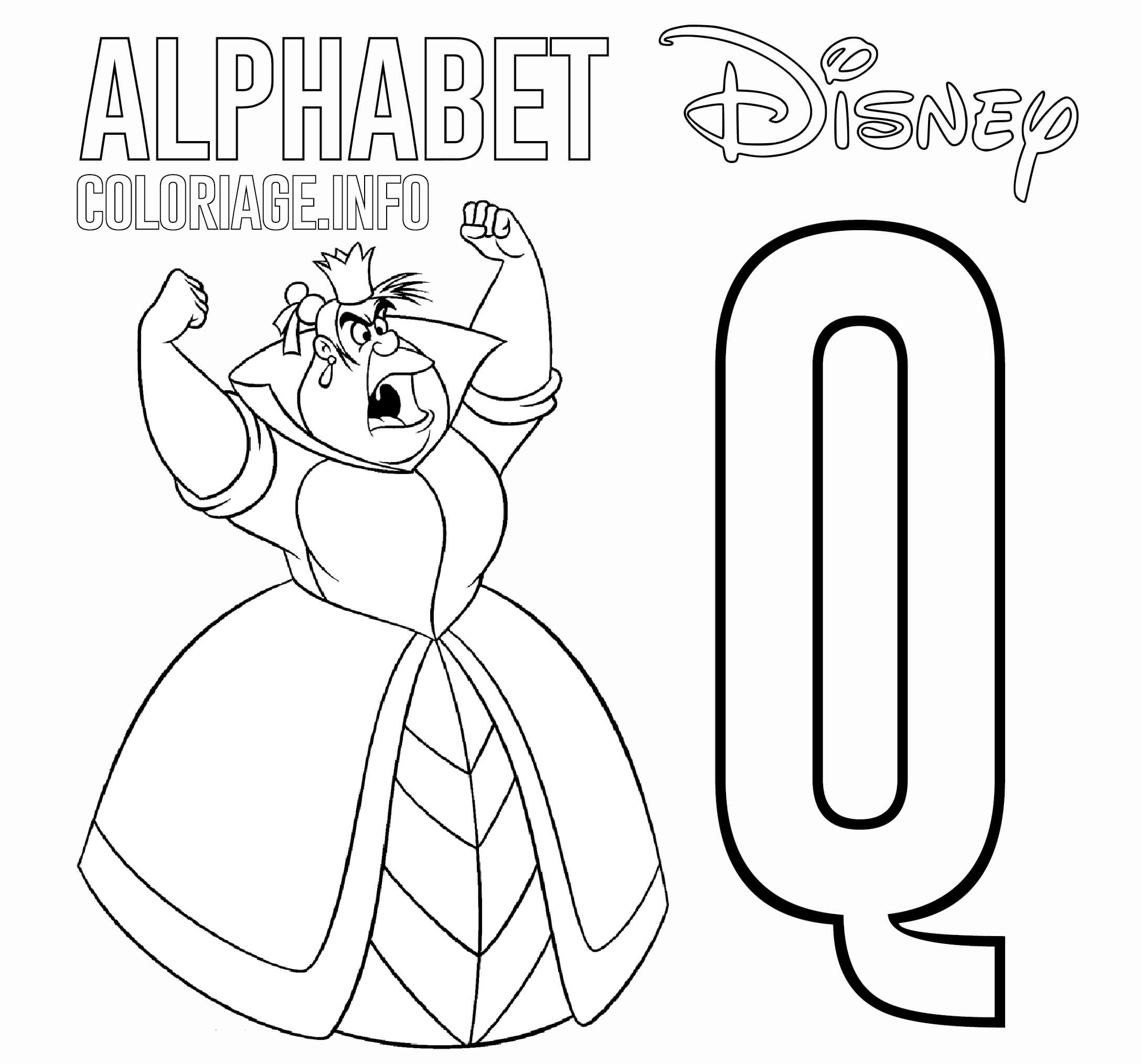 Coloriage Lettre Q Pour Queen Of Hearts - Alphabet disney à imprimer