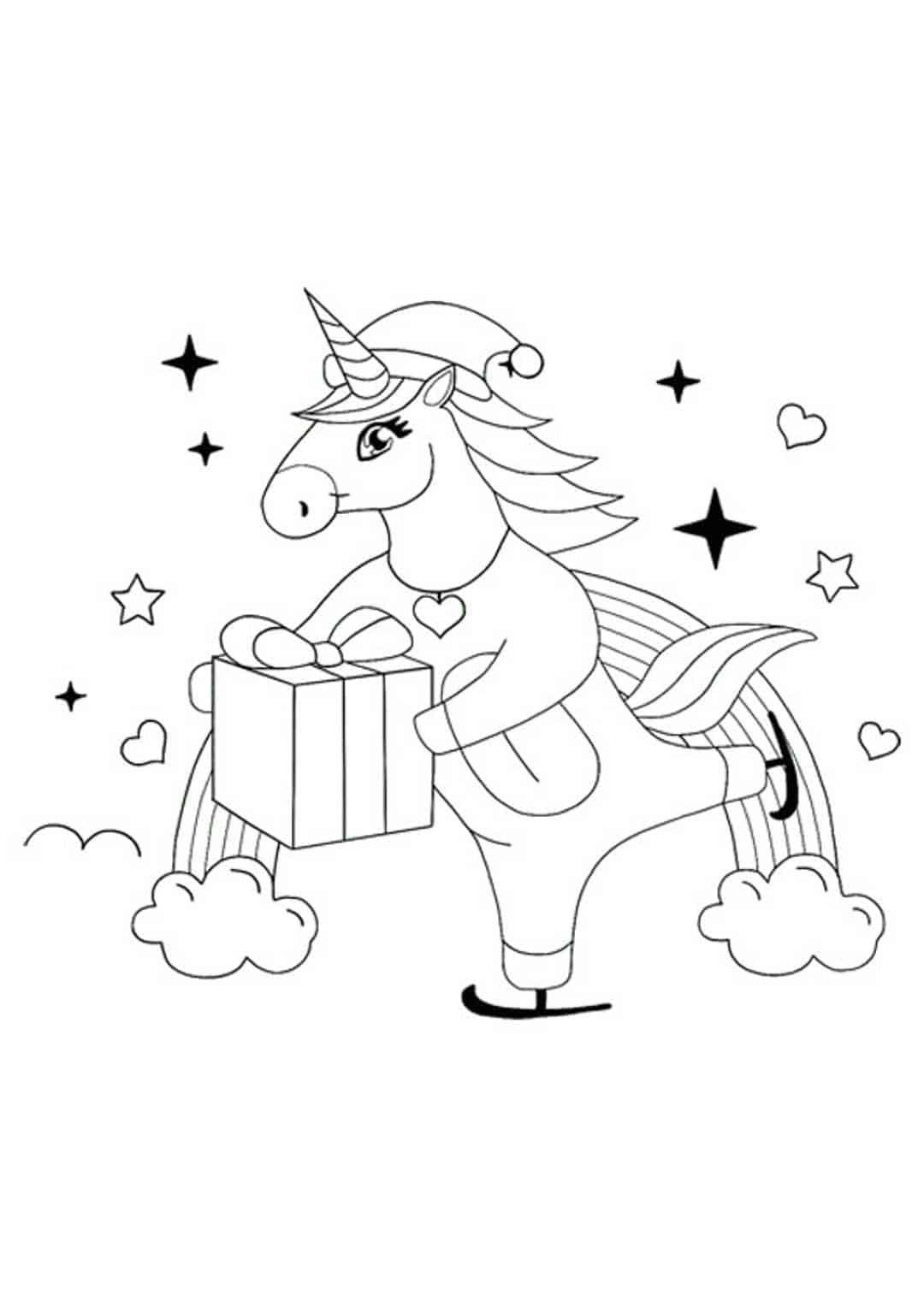 Coloriage Licorne Avec Cadeau De Noël Fait Du Patinage Artistique - Licorne à imprimer
