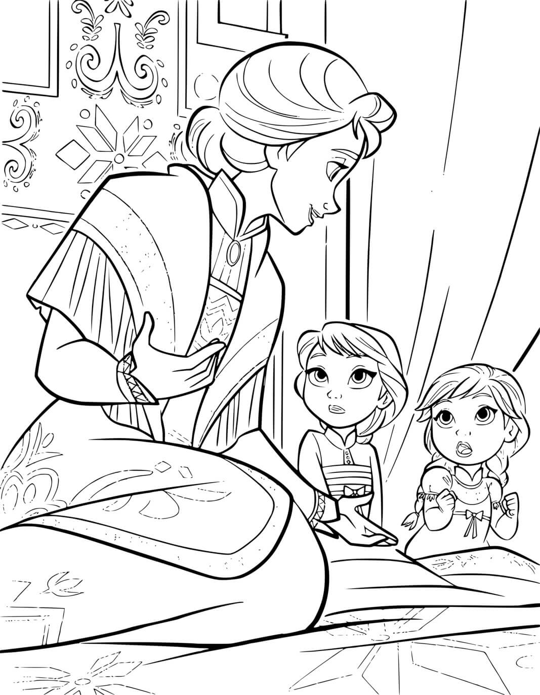Coloriage Jeune Anna et Elsa avec Maman - La Reine des neiges 2 à imprimer