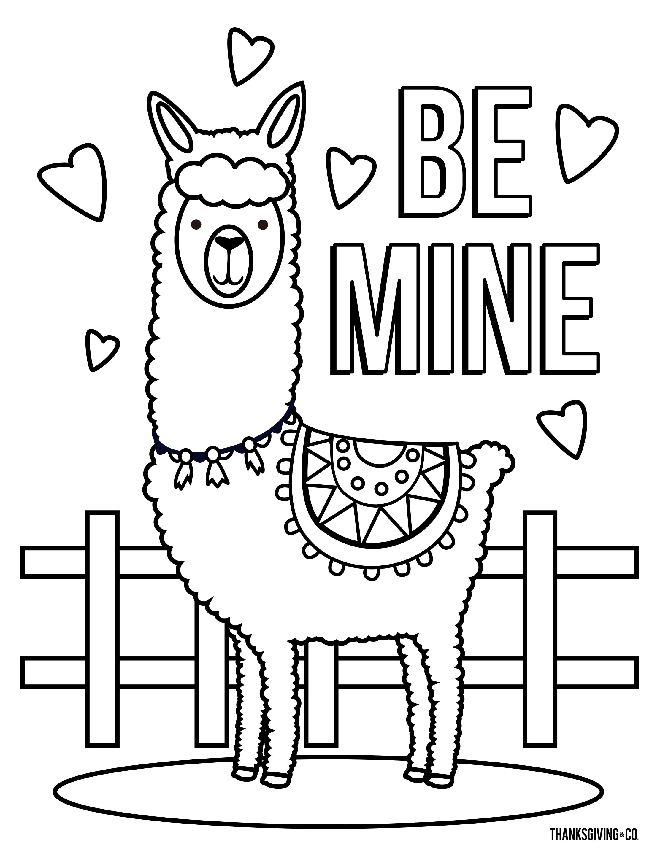 Coloriage Llama Be Mine Love - Saint-Valentin à imprimer