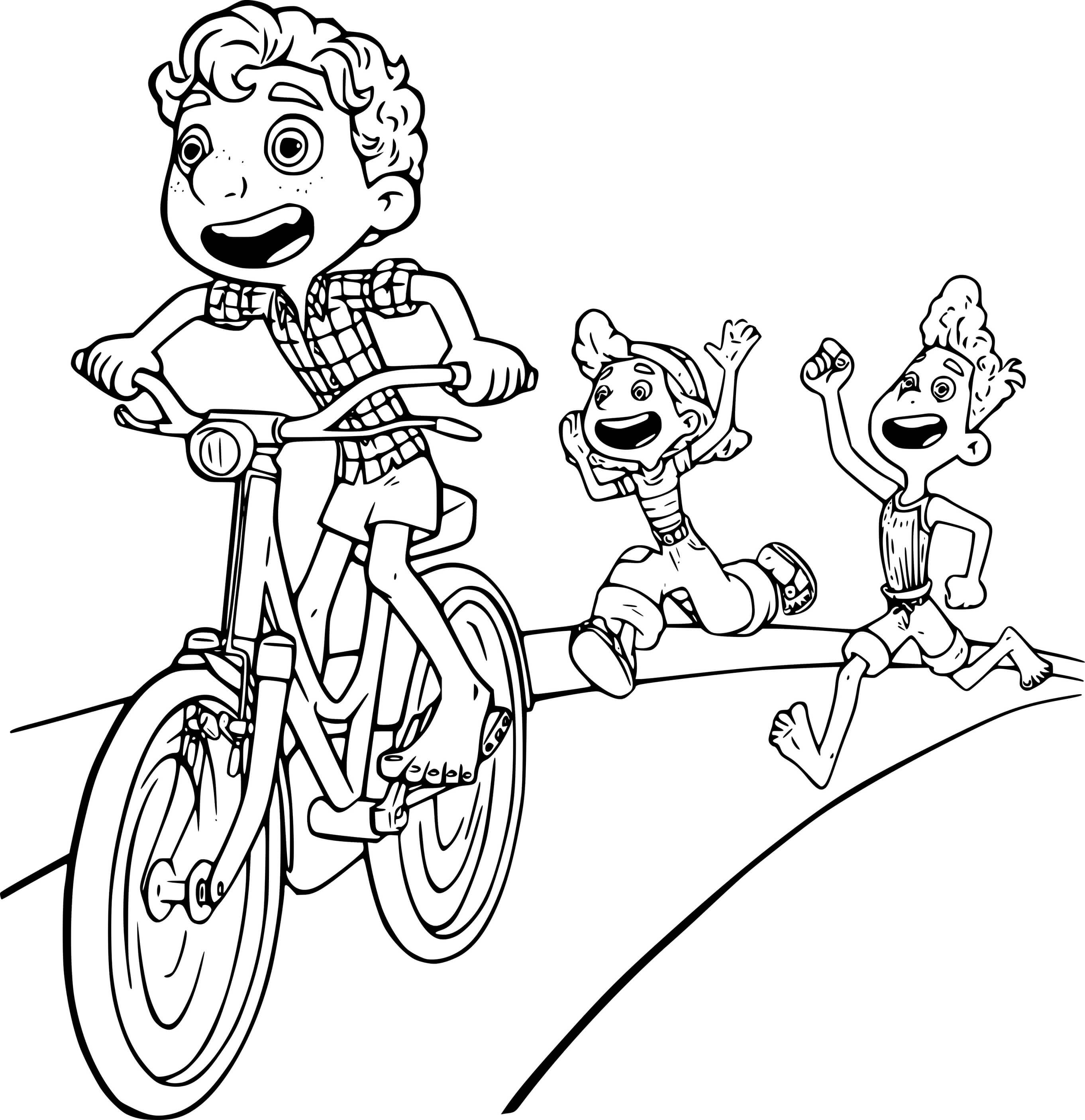 Coloriage Luca Riding Bicycle With Giulia And Alberto - Luca de Disney Pixar à imprimer